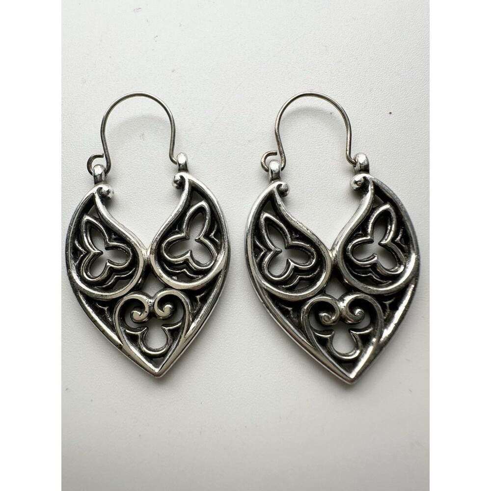 Floral V Shape Hoop Earrings Silver Tone